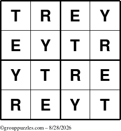 The grouppuzzles.com Answer grid for the Trey puzzle for Friday August 28, 2026