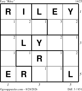 The grouppuzzles.com Easy Riley puzzle for Friday August 28, 2026 with all 3 steps marked