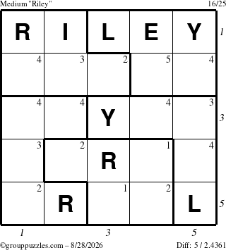 The grouppuzzles.com Medium Riley puzzle for Friday August 28, 2026, suitable for printing, with all 5 steps marked