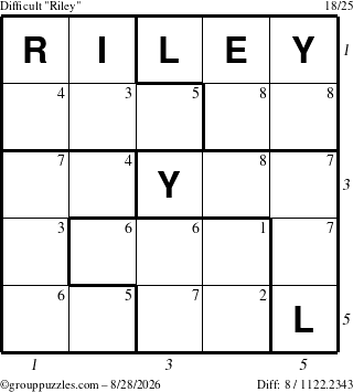 The grouppuzzles.com Difficult Riley puzzle for Friday August 28, 2026 with all 8 steps marked