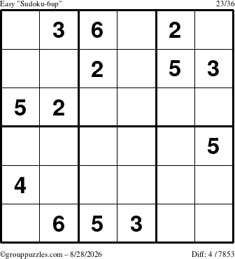 The grouppuzzles.com Easy Sudoku-6up puzzle for Friday August 28, 2026