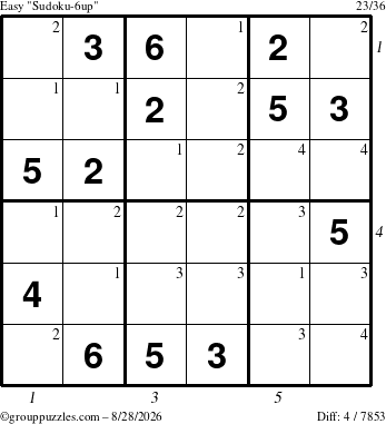The grouppuzzles.com Easy Sudoku-6up puzzle for Friday August 28, 2026, suitable for printing, with all 4 steps marked