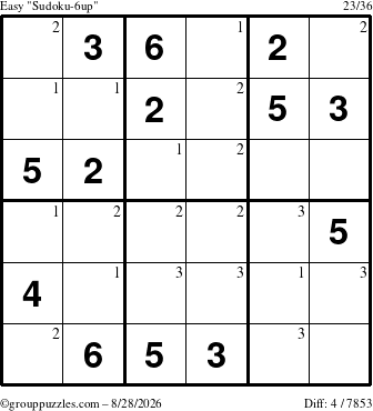 The grouppuzzles.com Easy Sudoku-6up puzzle for Friday August 28, 2026 with the first 3 steps marked