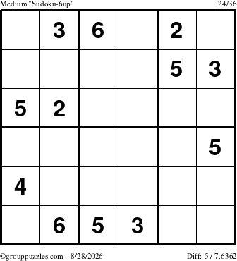 The grouppuzzles.com Medium Sudoku-6up puzzle for Friday August 28, 2026