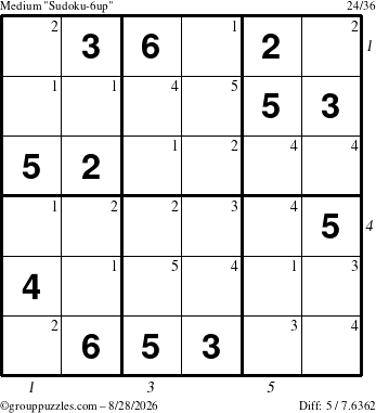 The grouppuzzles.com Medium Sudoku-6up puzzle for Friday August 28, 2026 with all 5 steps marked