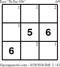 The grouppuzzles.com Easy TicTac-456 puzzle for Friday August 28, 2026 with the first 2 steps marked