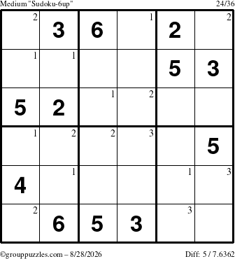 The grouppuzzles.com Medium Sudoku-6up puzzle for Friday August 28, 2026 with the first 3 steps marked