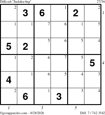 The grouppuzzles.com Difficult Sudoku-6up puzzle for Friday August 28, 2026, suitable for printing, with all 7 steps marked