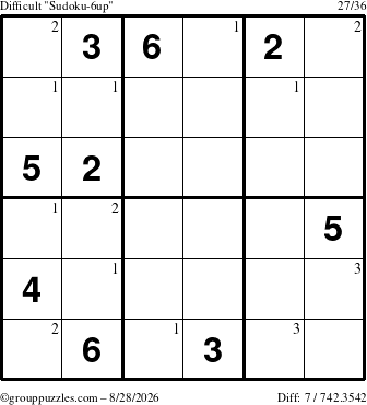 The grouppuzzles.com Difficult Sudoku-6up puzzle for Friday August 28, 2026 with the first 3 steps marked