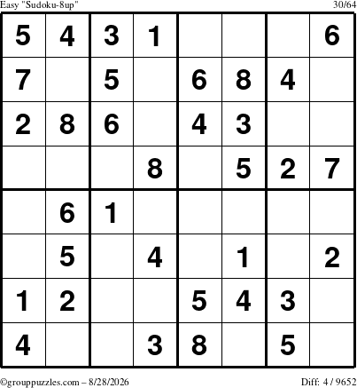The grouppuzzles.com Easy Sudoku-8up puzzle for Friday August 28, 2026