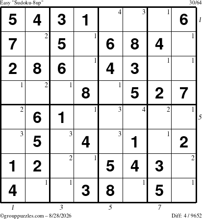 The grouppuzzles.com Easy Sudoku-8up puzzle for Friday August 28, 2026, suitable for printing, with all 4 steps marked