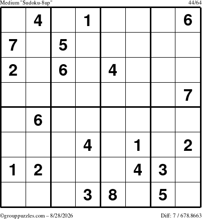 The grouppuzzles.com Medium Sudoku-8up puzzle for Friday August 28, 2026