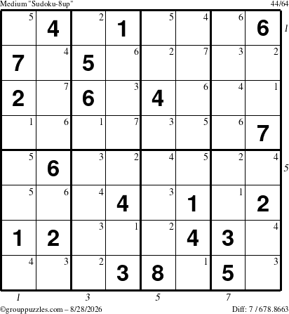 The grouppuzzles.com Medium Sudoku-8up puzzle for Friday August 28, 2026 with all 7 steps marked