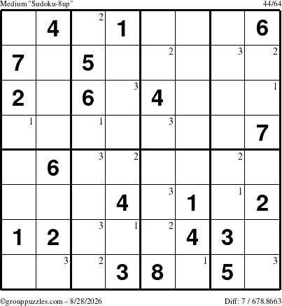 The grouppuzzles.com Medium Sudoku-8up puzzle for Friday August 28, 2026 with the first 3 steps marked