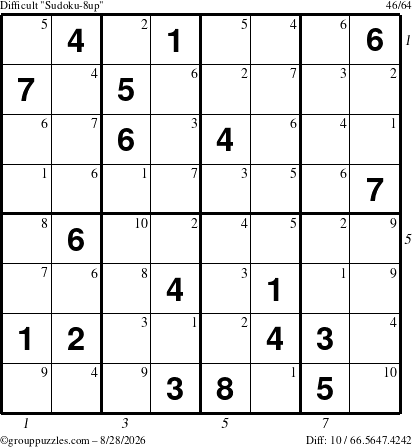 The grouppuzzles.com Difficult Sudoku-8up puzzle for Friday August 28, 2026 with all 10 steps marked