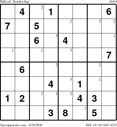 The grouppuzzles.com Difficult Sudoku-8up puzzle for Friday August 28, 2026 with the first 3 steps marked