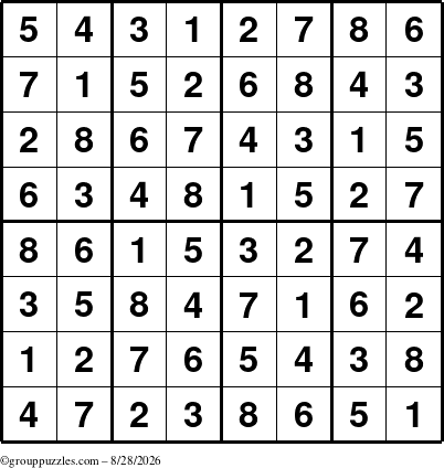 The grouppuzzles.com Answer grid for the Sudoku-8up puzzle for Friday August 28, 2026