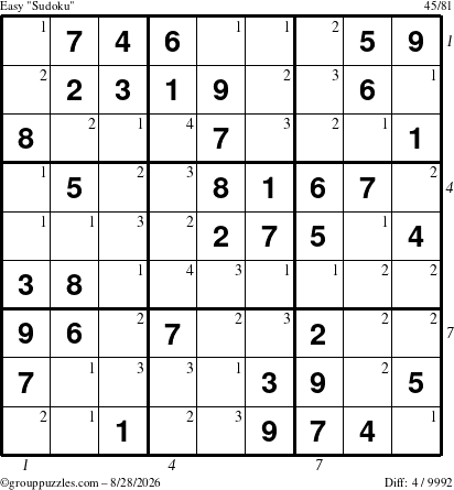The grouppuzzles.com Easy Sudoku puzzle for Friday August 28, 2026 with all 4 steps marked