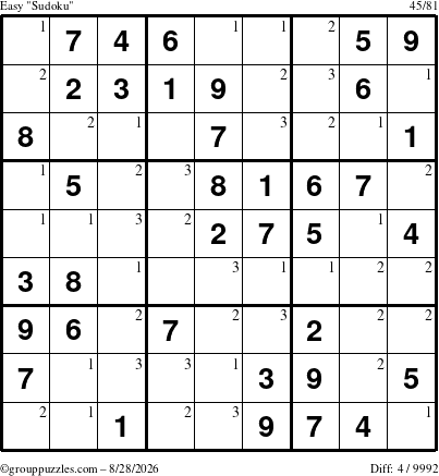 The grouppuzzles.com Easy Sudoku puzzle for Friday August 28, 2026 with the first 3 steps marked