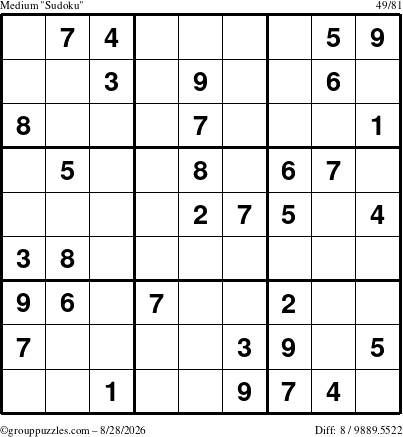 The grouppuzzles.com Medium Sudoku puzzle for Friday August 28, 2026