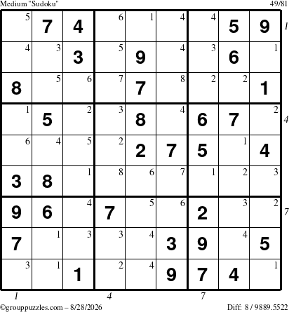 The grouppuzzles.com Medium Sudoku puzzle for Friday August 28, 2026, suitable for printing, with all 8 steps marked