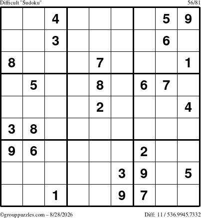 The grouppuzzles.com Difficult Sudoku puzzle for Friday August 28, 2026