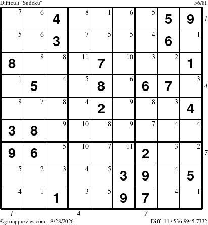 The grouppuzzles.com Difficult Sudoku puzzle for Friday August 28, 2026 with all 11 steps marked