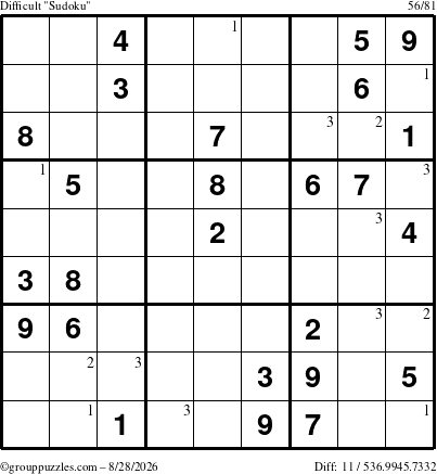 The grouppuzzles.com Difficult Sudoku puzzle for Friday August 28, 2026 with the first 3 steps marked
