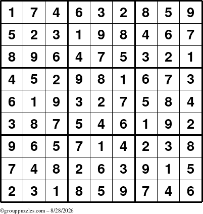 The grouppuzzles.com Answer grid for the Sudoku puzzle for Friday August 28, 2026
