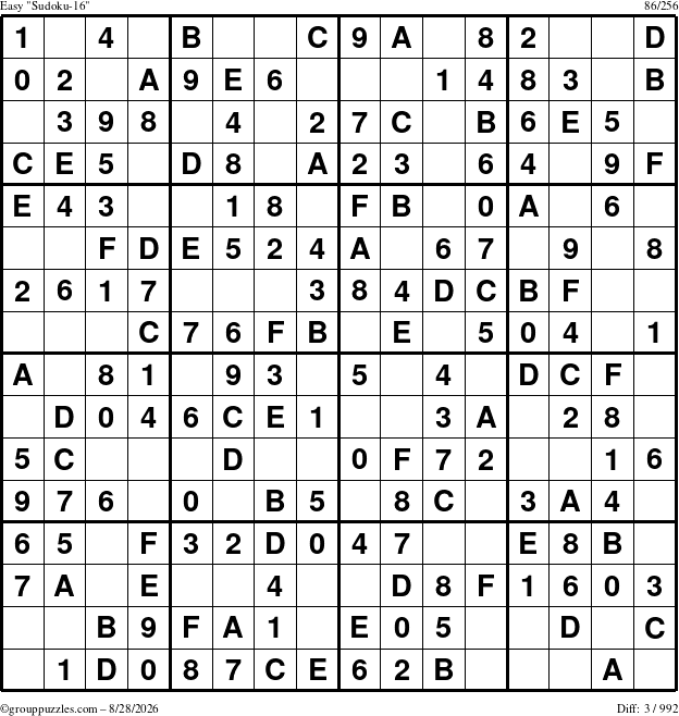 The grouppuzzles.com Easy Sudoku-16 puzzle for Friday August 28, 2026