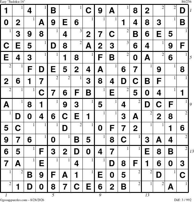 The grouppuzzles.com Easy Sudoku-16 puzzle for Friday August 28, 2026 with all 3 steps marked