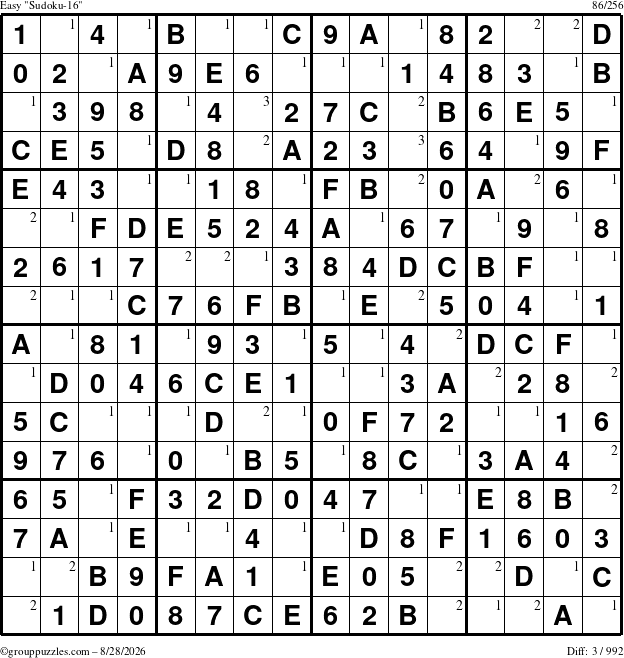 The grouppuzzles.com Easy Sudoku-16 puzzle for Friday August 28, 2026 with the first 3 steps marked
