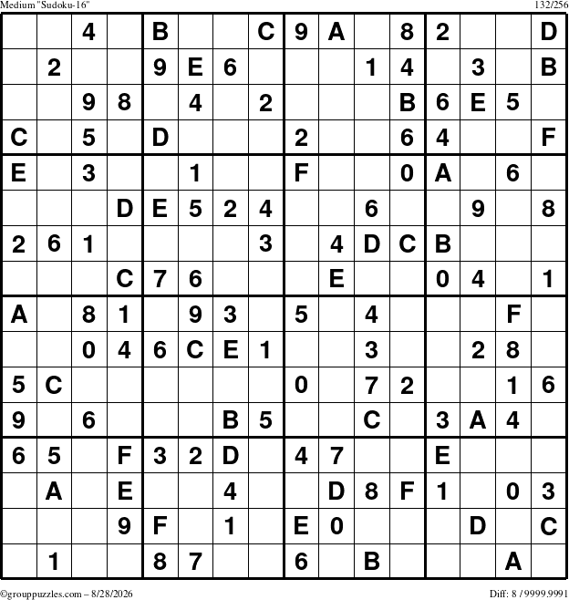 The grouppuzzles.com Medium Sudoku-16 puzzle for Friday August 28, 2026