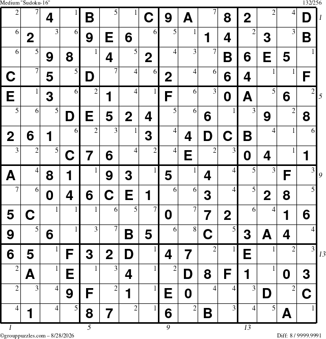 The grouppuzzles.com Medium Sudoku-16 puzzle for Friday August 28, 2026, suitable for printing, with all 8 steps marked