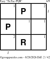 The grouppuzzles.com Easy TicTac-PQR puzzle for Friday August 28, 2026, suitable for printing, with all 2 steps marked