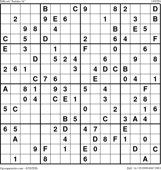 The grouppuzzles.com Difficult Sudoku-16 puzzle for Friday August 28, 2026