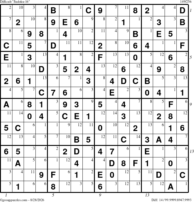 The grouppuzzles.com Difficult Sudoku-16 puzzle for Friday August 28, 2026 with all 14 steps marked
