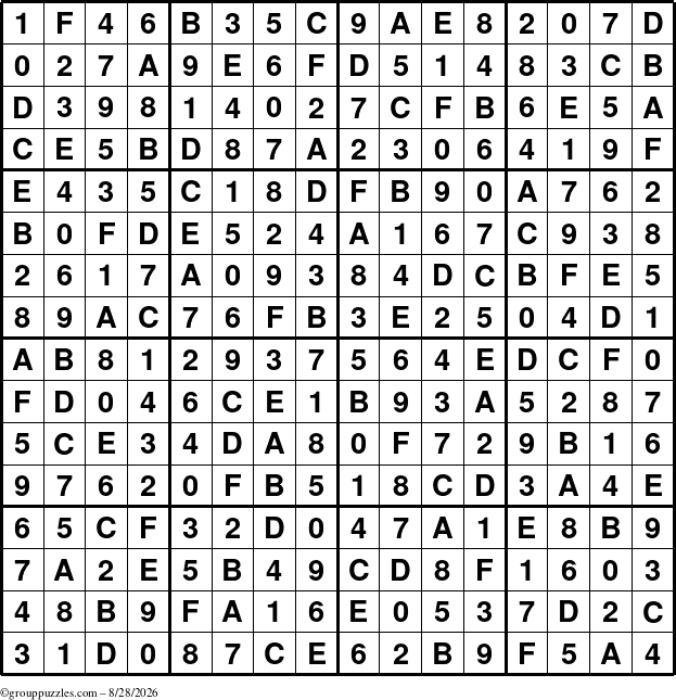 The grouppuzzles.com Answer grid for the Sudoku-16 puzzle for Friday August 28, 2026