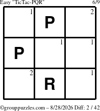 The grouppuzzles.com Easy TicTac-PQR puzzle for Friday August 28, 2026 with the first 2 steps marked