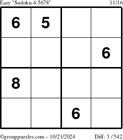 The grouppuzzles.com Easy Sudoku-4-5678 puzzle for Monday October 21, 2024