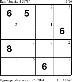 The grouppuzzles.com Easy Sudoku-4-5678 puzzle for Monday October 21, 2024 with the first 3 steps marked