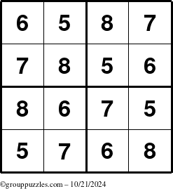 The grouppuzzles.com Answer grid for the Sudoku-4-5678 puzzle for Monday October 21, 2024