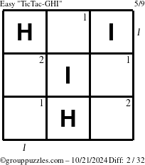 The grouppuzzles.com Easy TicTac-GHI puzzle for Monday October 21, 2024 with all 2 steps marked