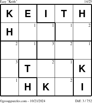 The grouppuzzles.com Easy Keith puzzle for Monday October 21, 2024 with the first 3 steps marked