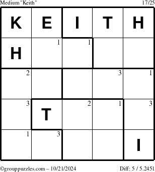 The grouppuzzles.com Medium Keith puzzle for Monday October 21, 2024 with the first 3 steps marked