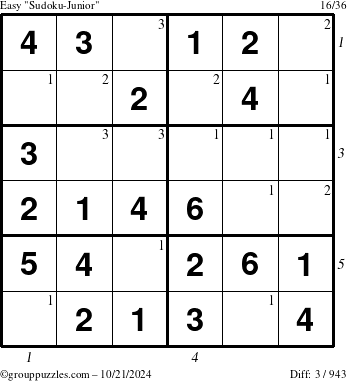 The grouppuzzles.com Easy Sudoku-Junior puzzle for Monday October 21, 2024 with all 3 steps marked