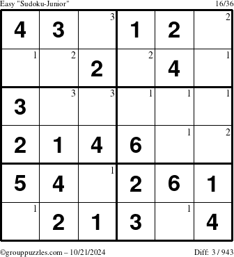 The grouppuzzles.com Easy Sudoku-Junior puzzle for Monday October 21, 2024 with the first 3 steps marked