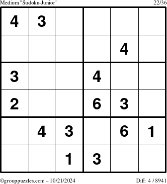 The grouppuzzles.com Medium Sudoku-Junior puzzle for Monday October 21, 2024