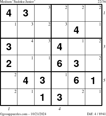 The grouppuzzles.com Medium Sudoku-Junior puzzle for Monday October 21, 2024 with all 4 steps marked