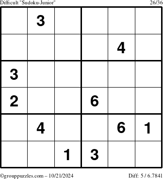 The grouppuzzles.com Difficult Sudoku-Junior puzzle for Monday October 21, 2024